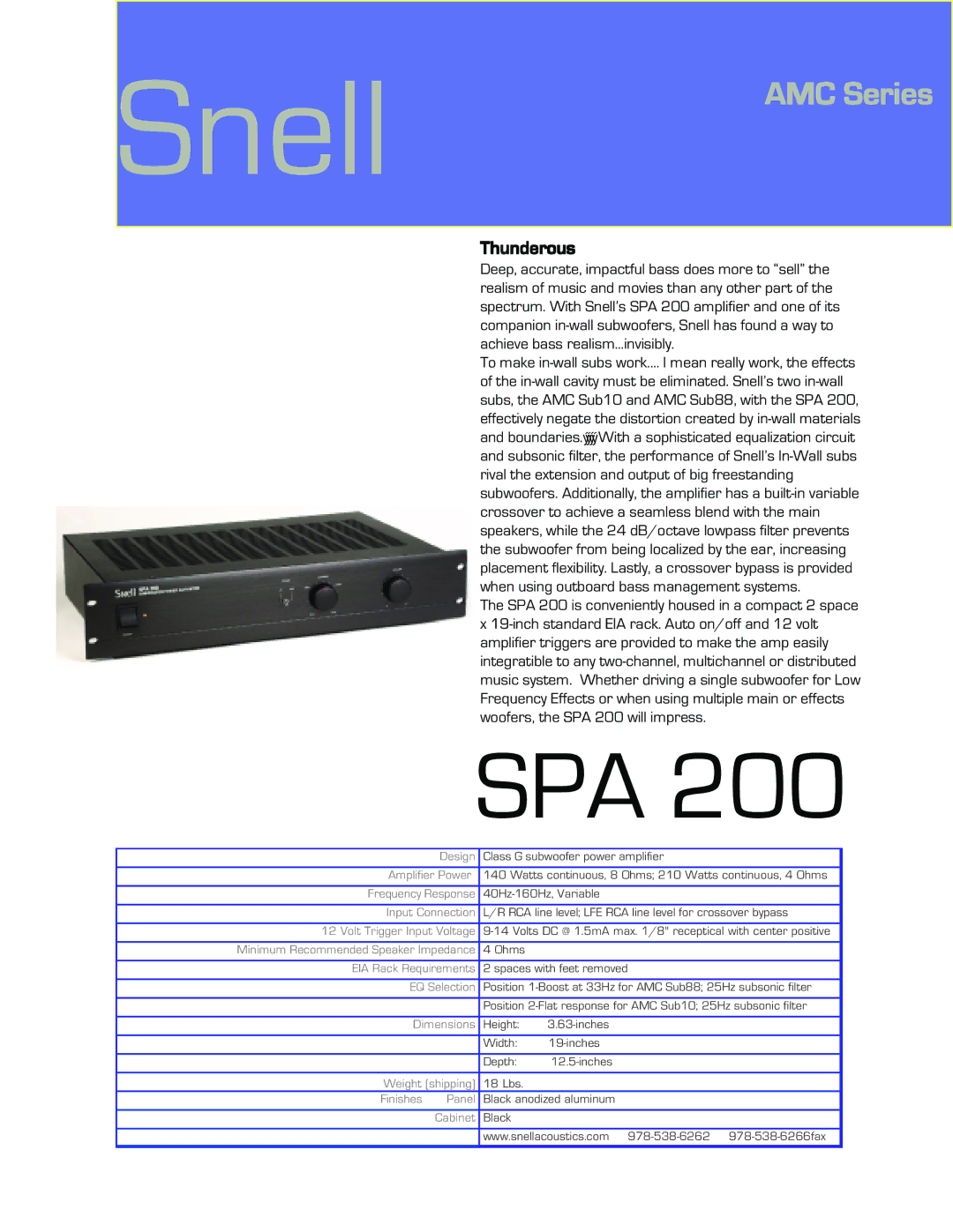 Snell Acoustics SPA 200 dimensions Snell, Spa, AMC Series, Thunderous 