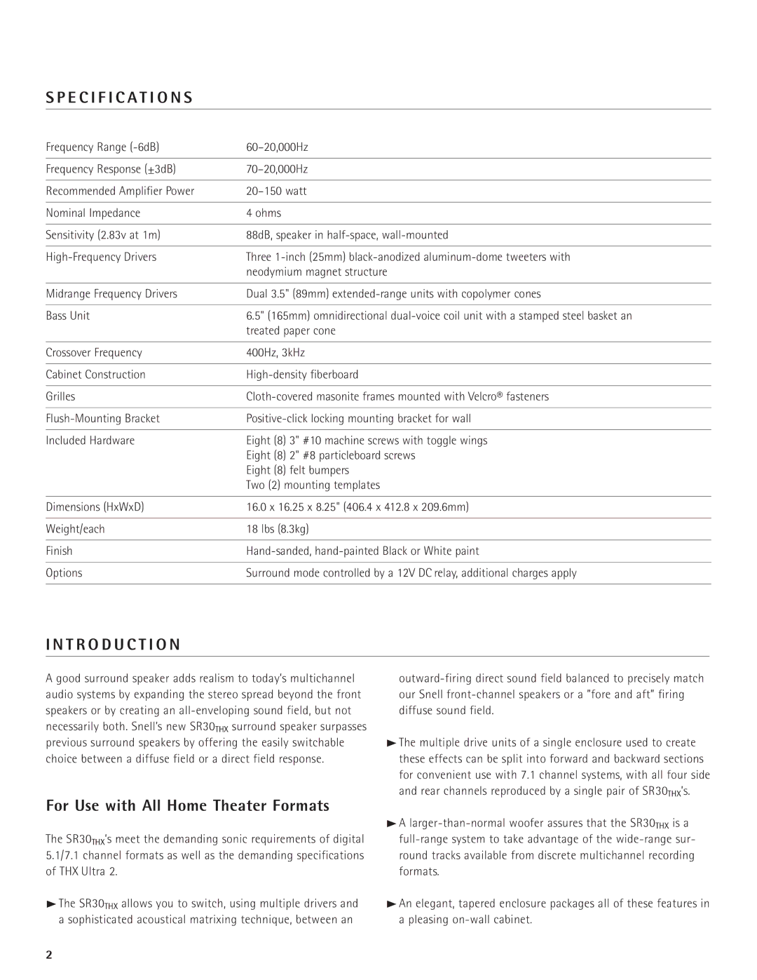 Snell Acoustics SR30THX owner manual Specification S, T R O D U C T I O N, For Use with All Home Theater Formats 