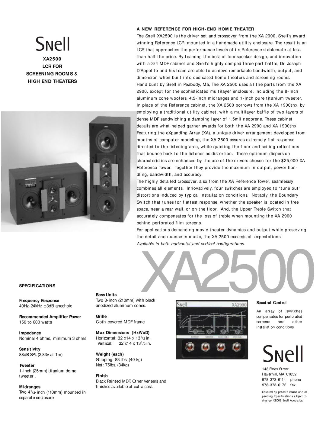 Snell Acoustics XA 2500 specifications XA2500, LCR for Screening Rooms High END Theaters 