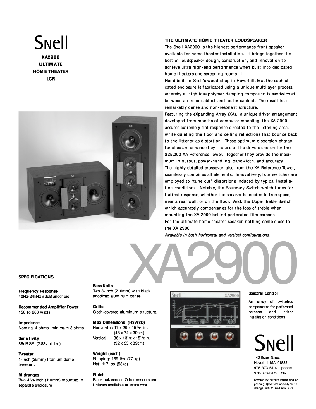 Snell Acoustics specifications XA2900 ULTIMATE HOME THEATER LCR 