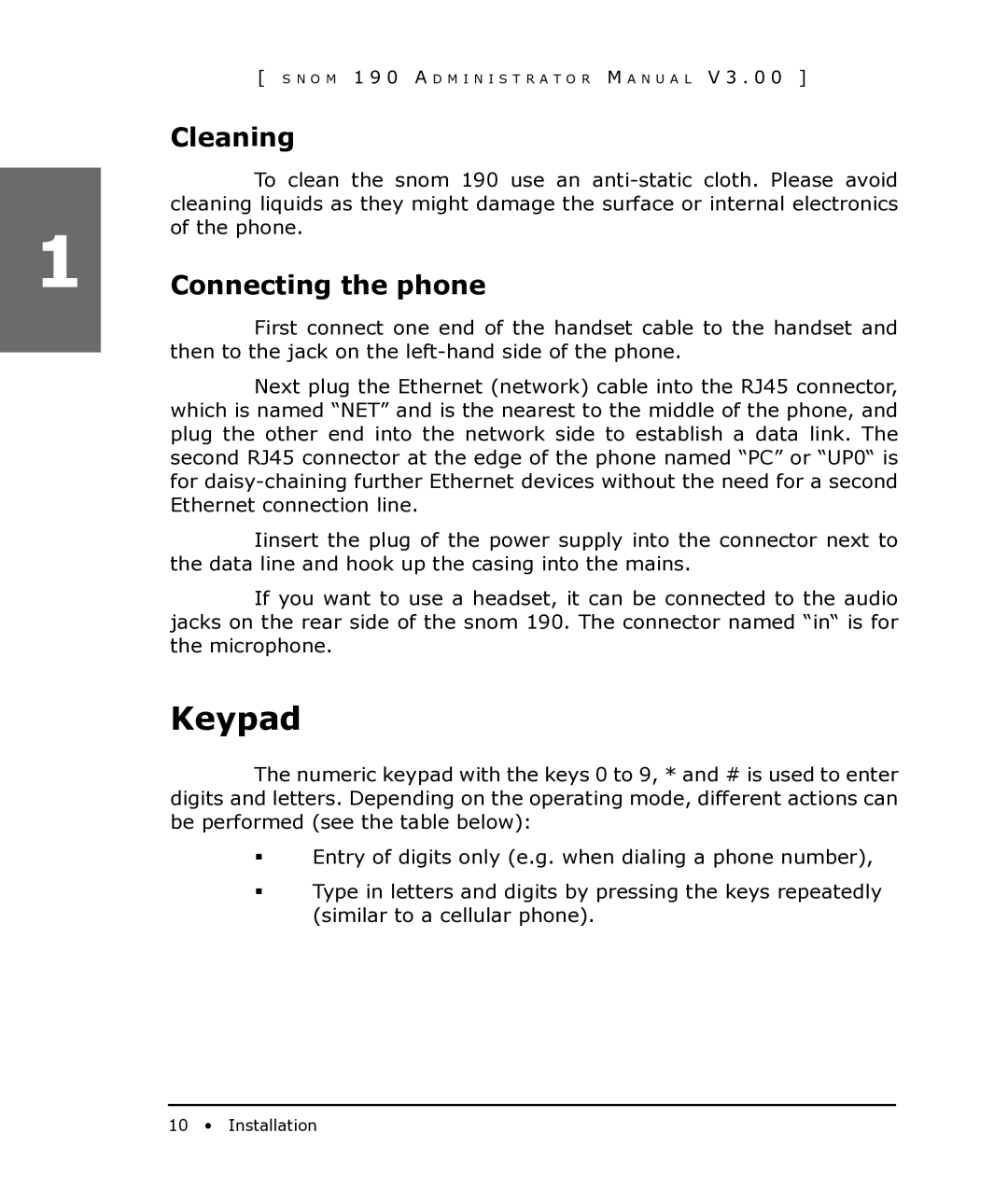 Snom 190 manual Keypad, Cleaning, Connecting the phoneof the phone 