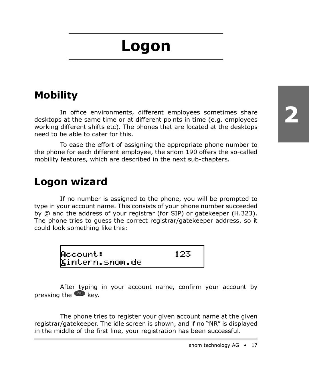 Snom 190 manual Mobility, Logon wizard 