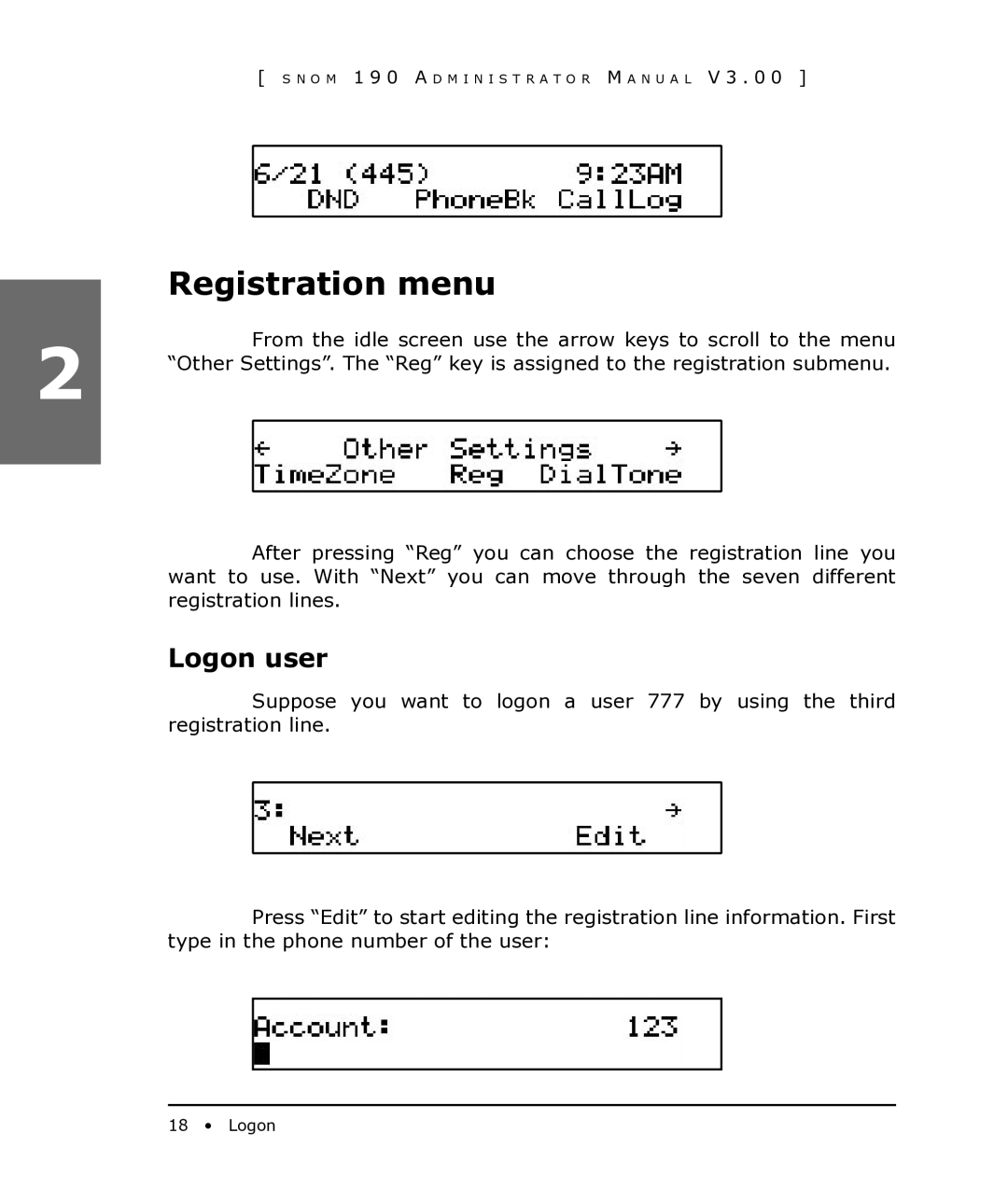 Snom 190 manual Registration menu, Logon user 