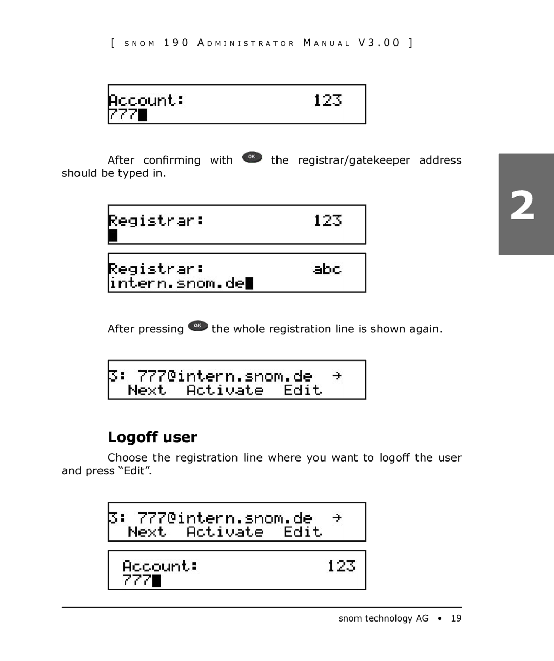 Snom 190 manual Logoff user 