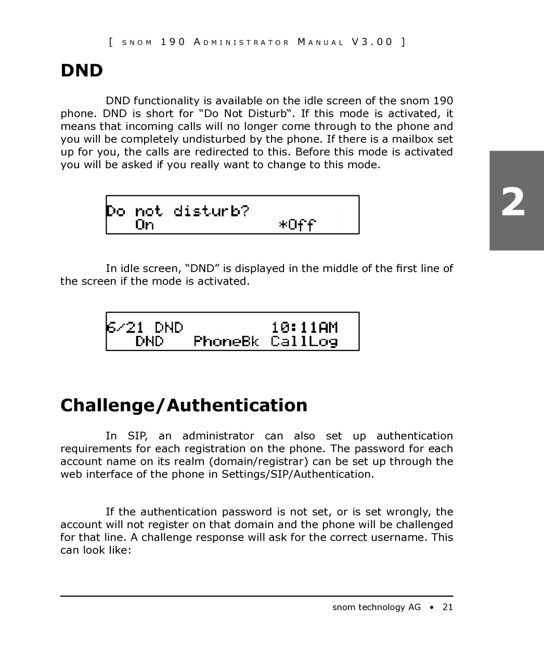 Snom 190 manual Dnd, Challenge/Authentication 