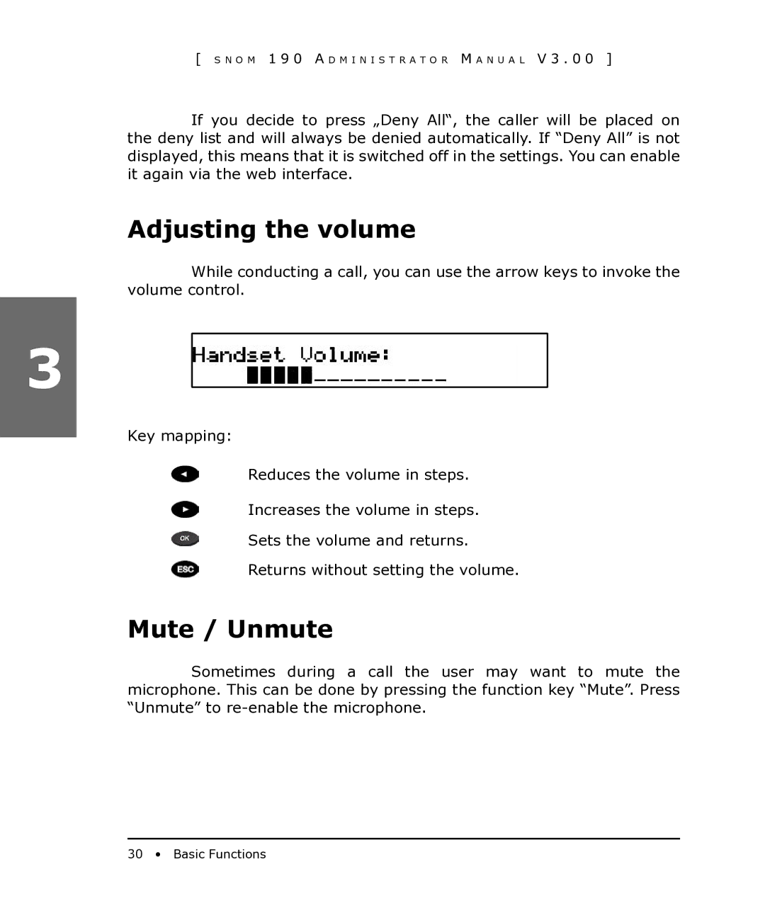 Snom 190 manual Adjusting the volume, Mute / Unmute 