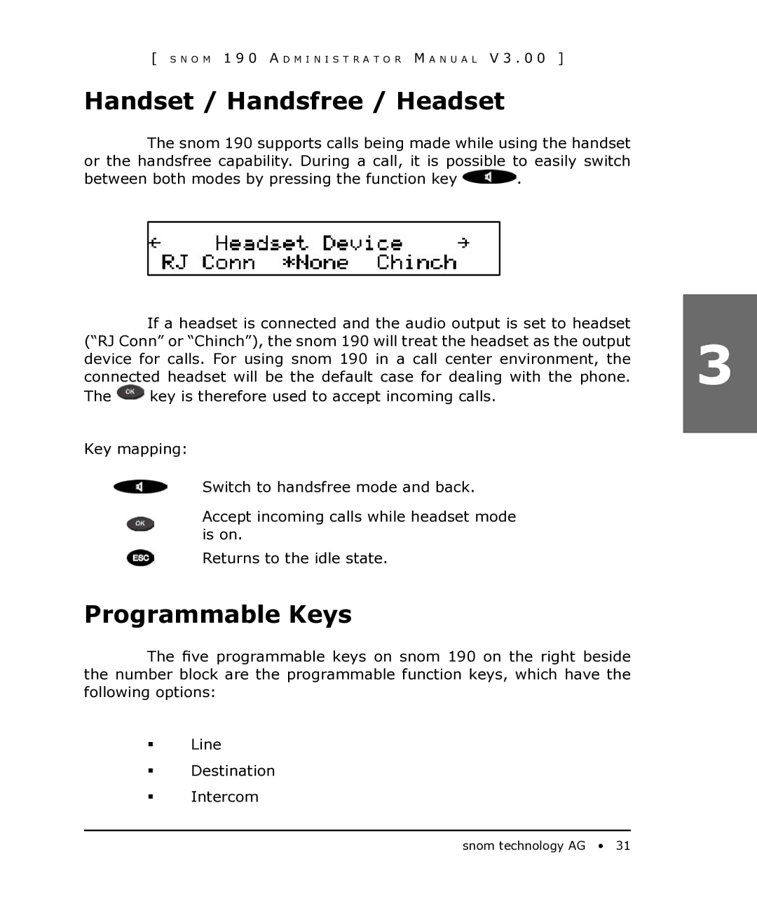 Snom 190 manual Handset / Handsfree / Headset, Programmable Keys 