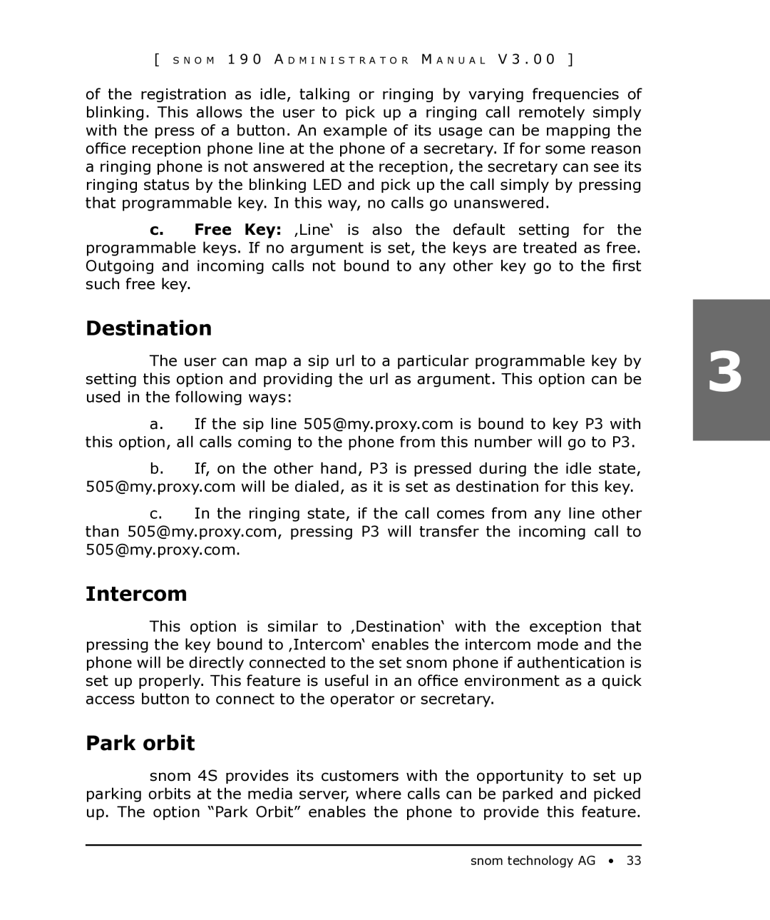 Snom 190 manual Destination, Intercom, Park orbit 