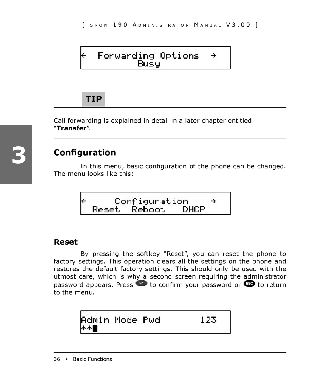 Snom 190 manual Configuration, Reset, Transfer 