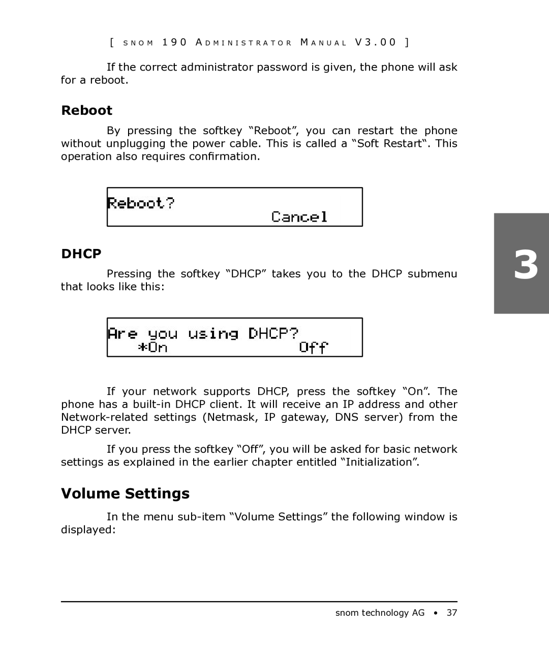 Snom 190 manual Volume Settings, Reboot, Dhcp 