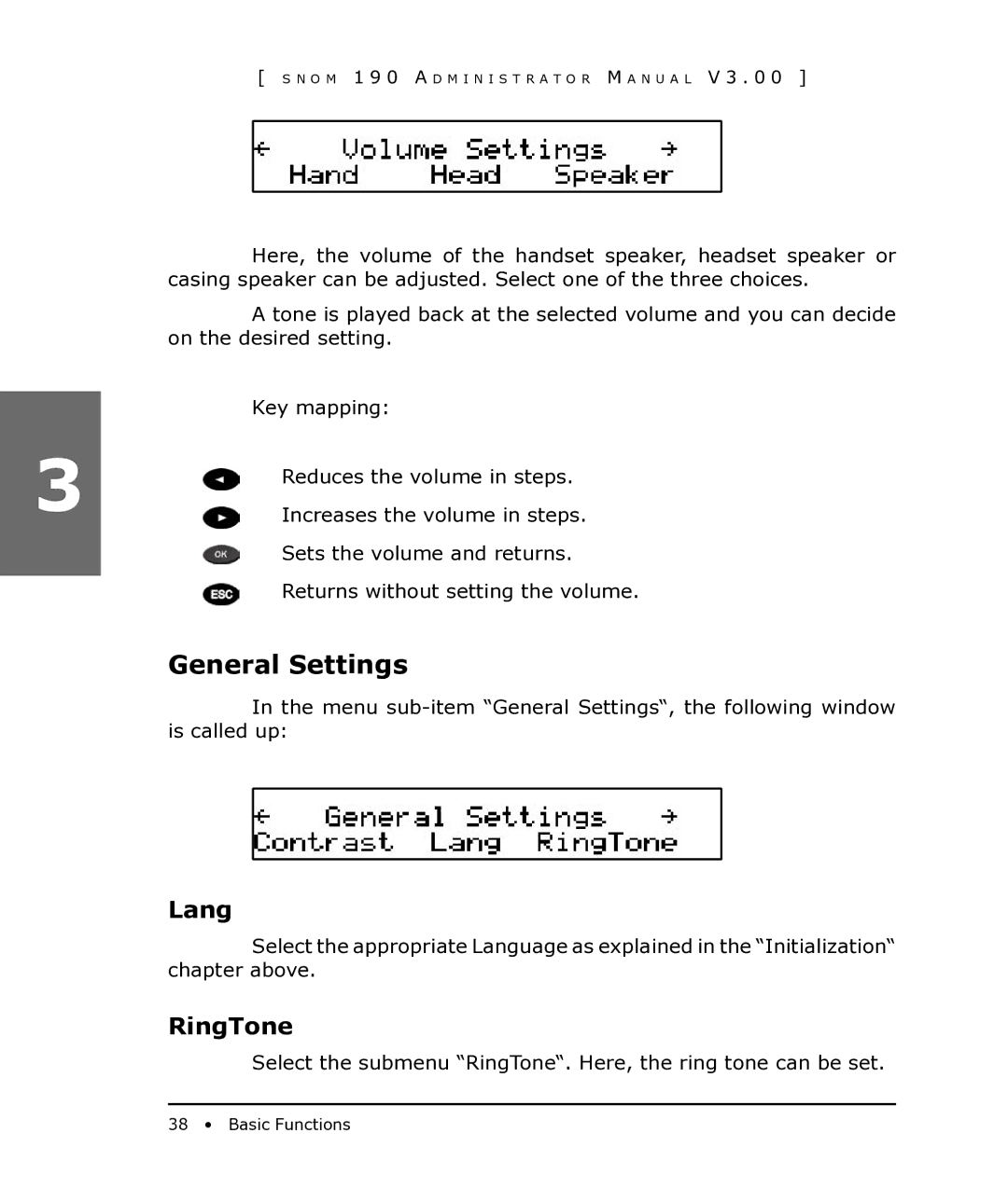 Snom 190 manual General Settings, Lang, RingTone 