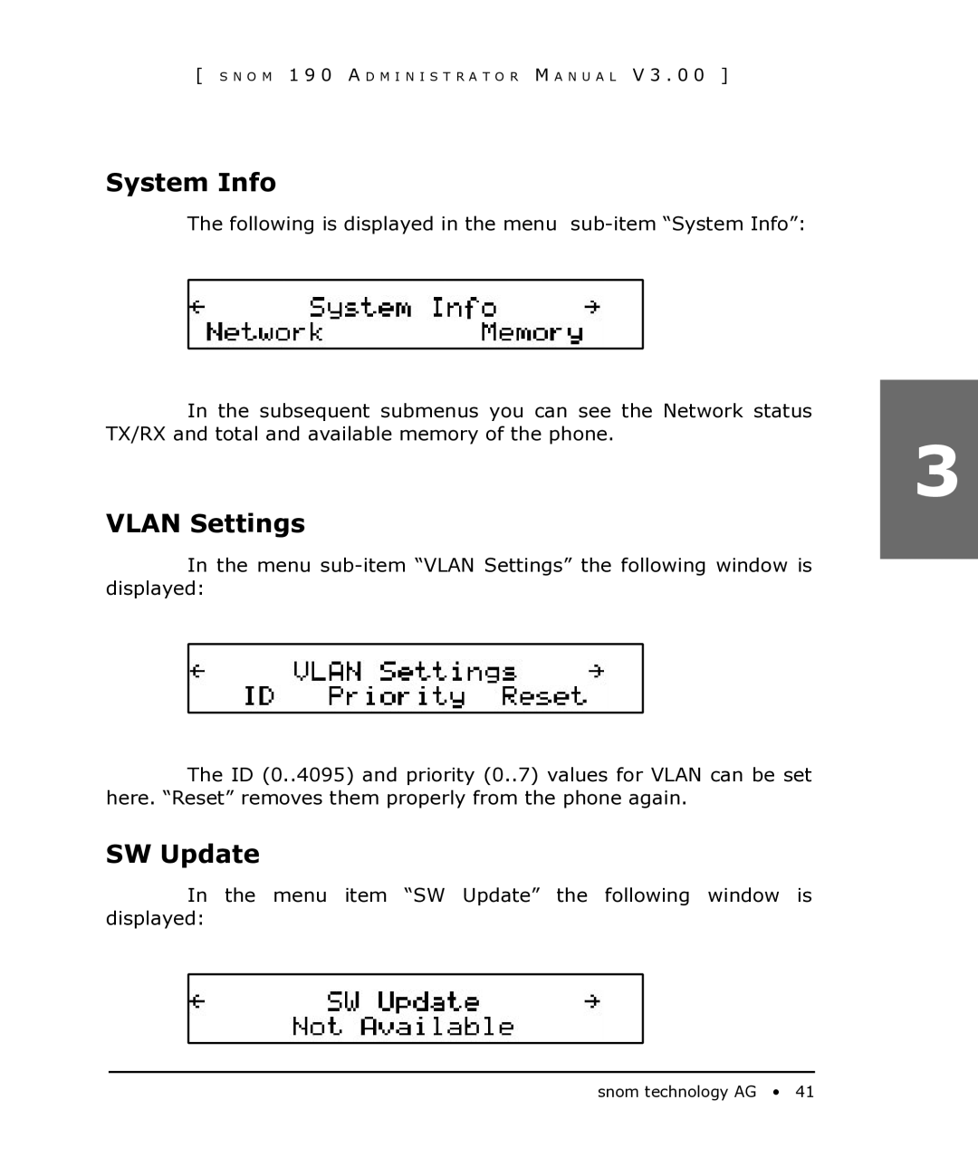 Snom 190 manual System Info, Vlan Settings, SW Update 