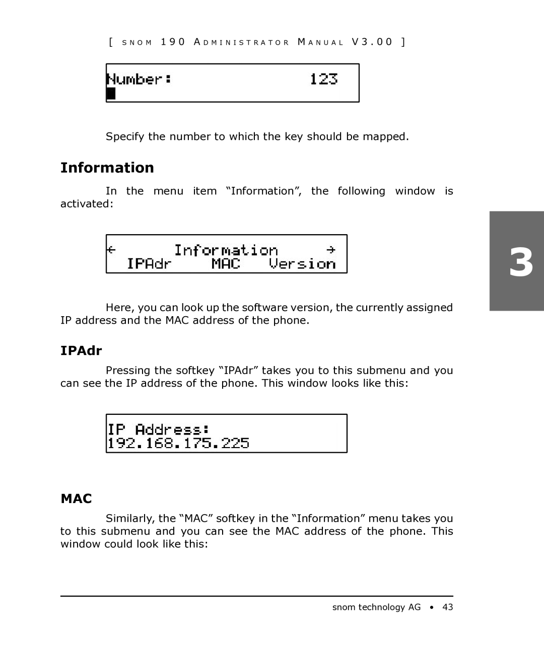 Snom 190 manual Information, IPAdr, Mac 