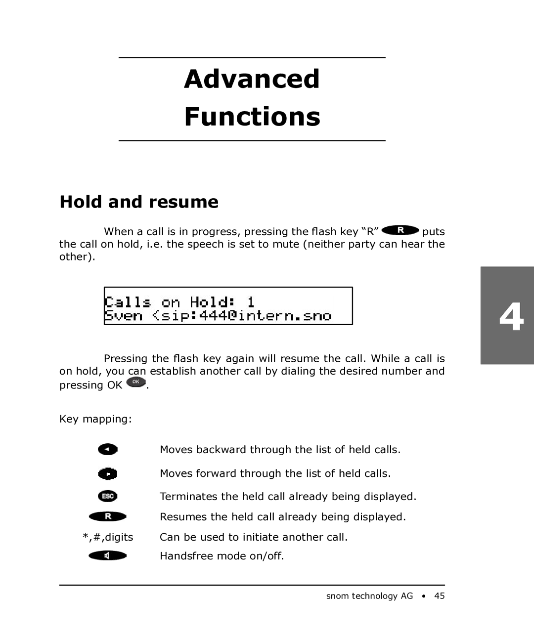 Snom 190 manual Advanced Functions, Hold and resume 