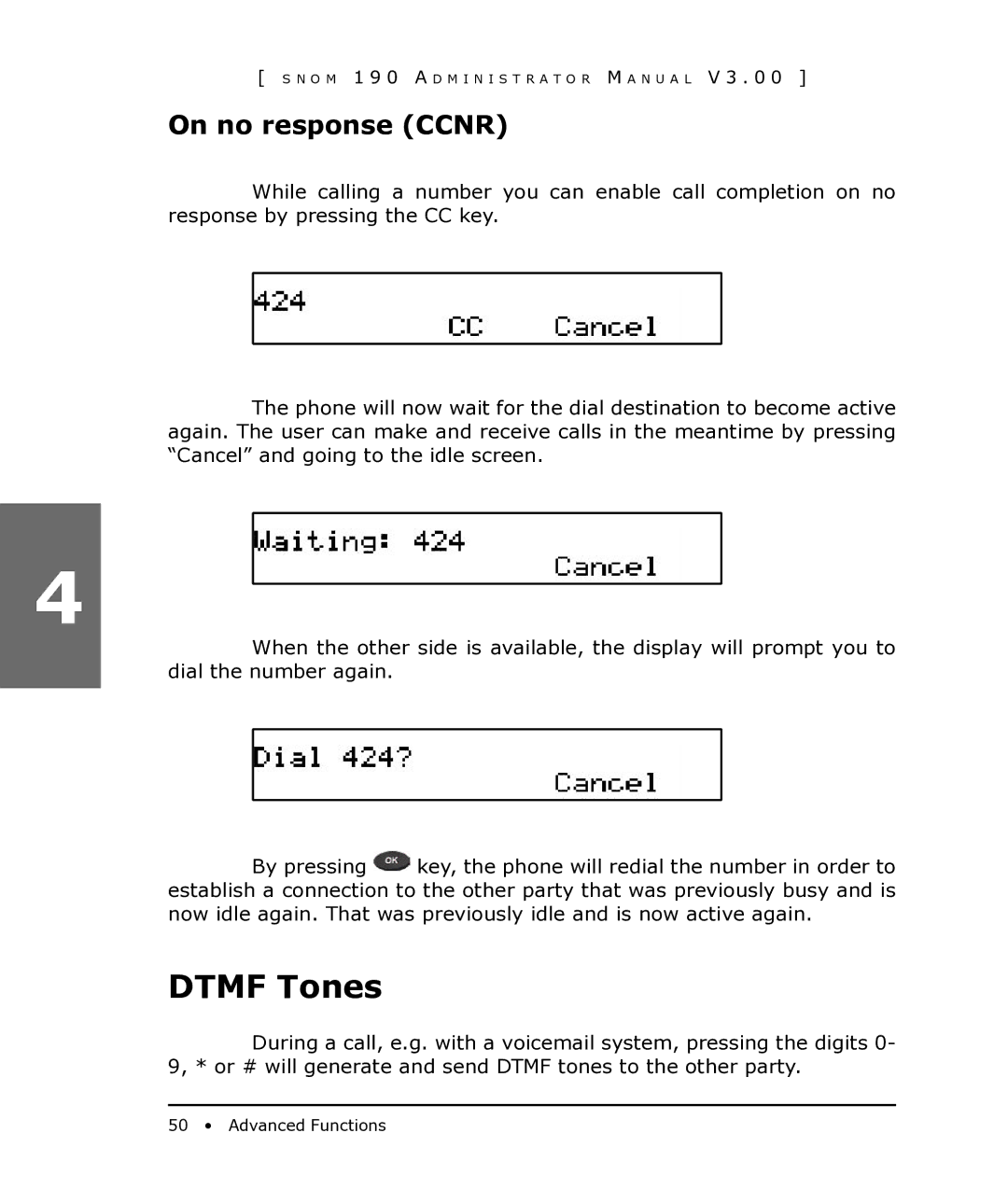 Snom 190 manual Dtmf Tones, On no response Ccnr 