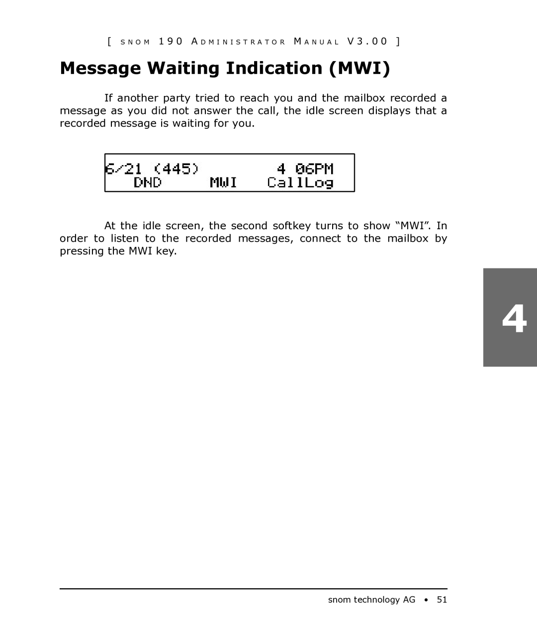 Snom 190 manual Message Waiting Indication MWI 