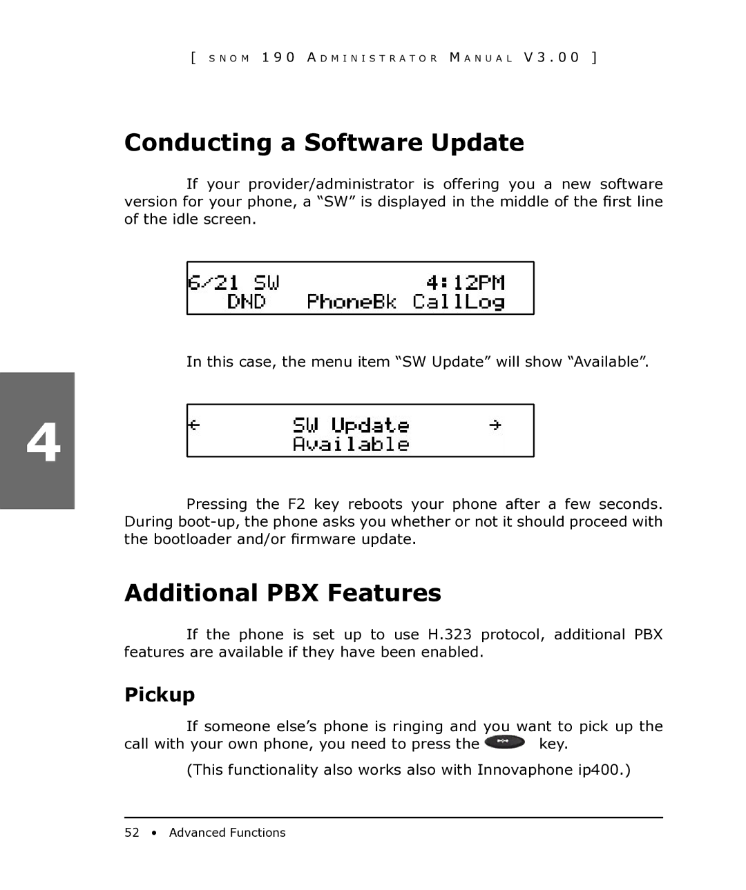 Snom 190 manual Conducting a Software Update, Additional PBX Features, Pickup 