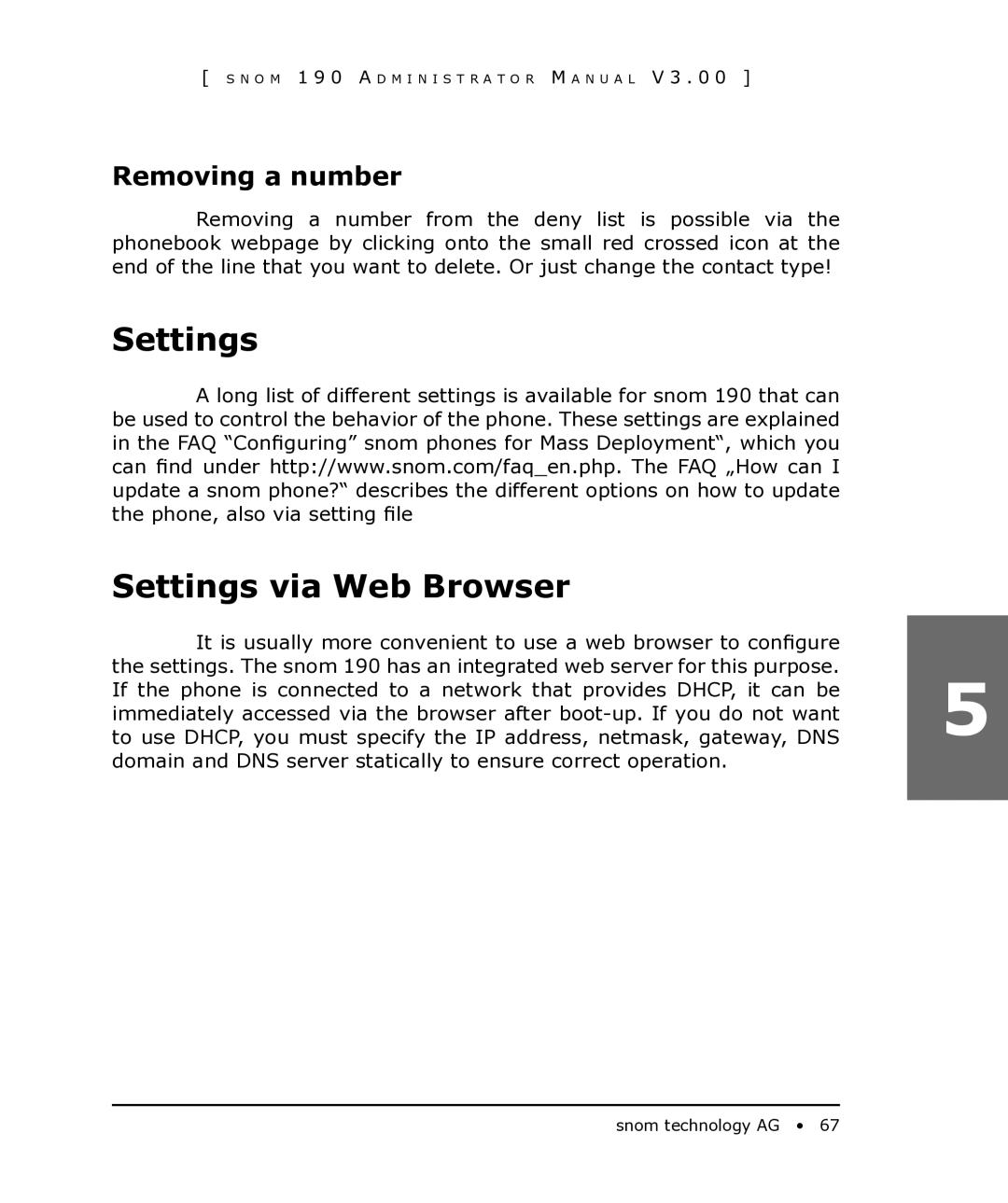 Snom 190 manual Settings Settings via Web Browser, Removing a number 