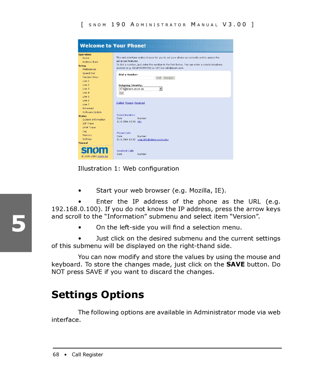 Snom 190 manual Settings Options 