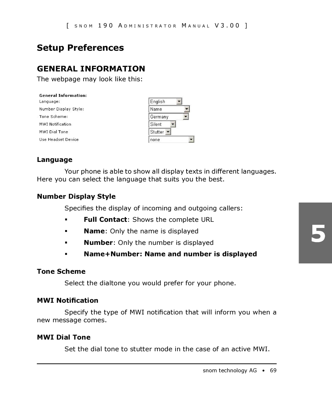 Snom 190 manual Setup Preferences, General Information 