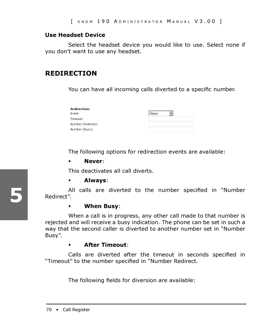 Snom 190 manual Redirection 