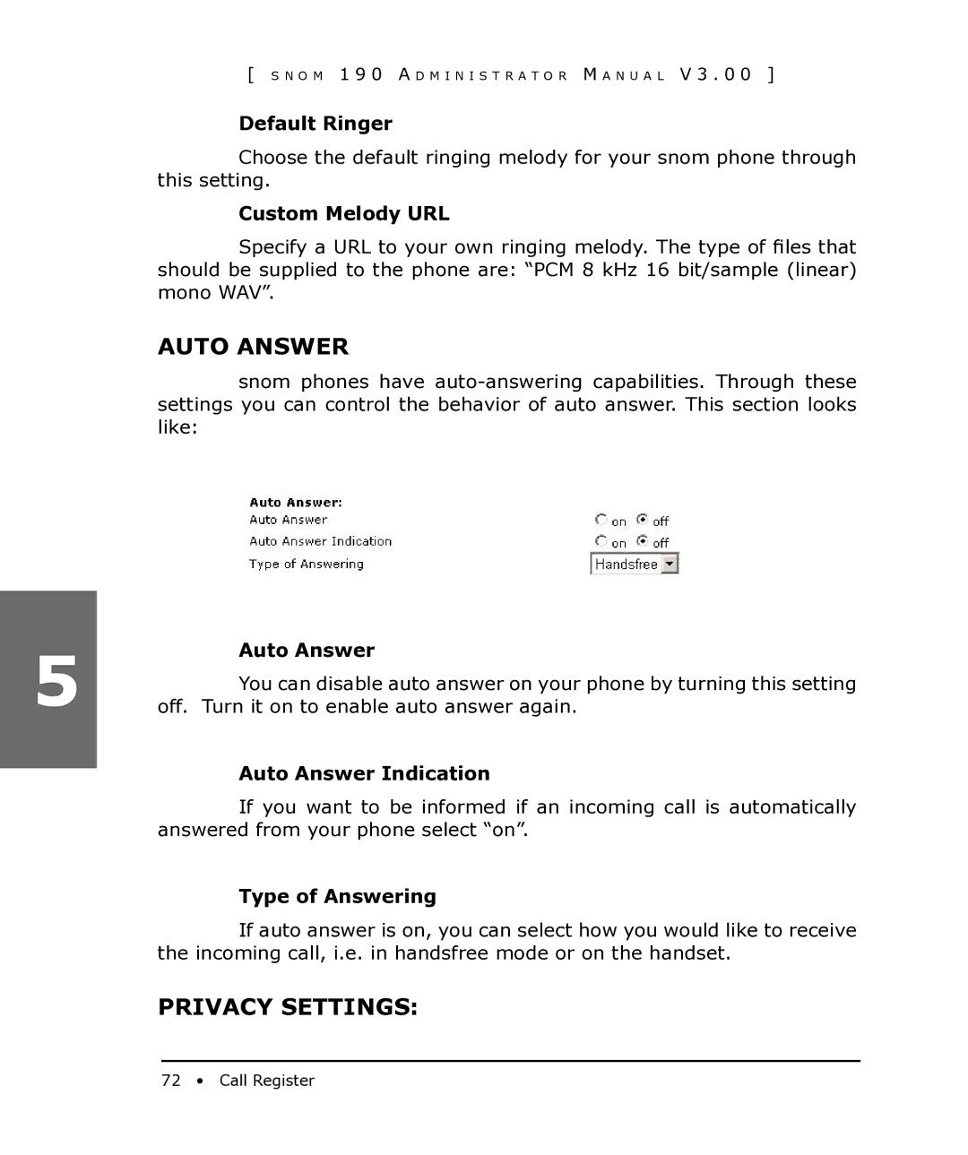 Snom 190 manual Auto Answer, Privacy Settings 