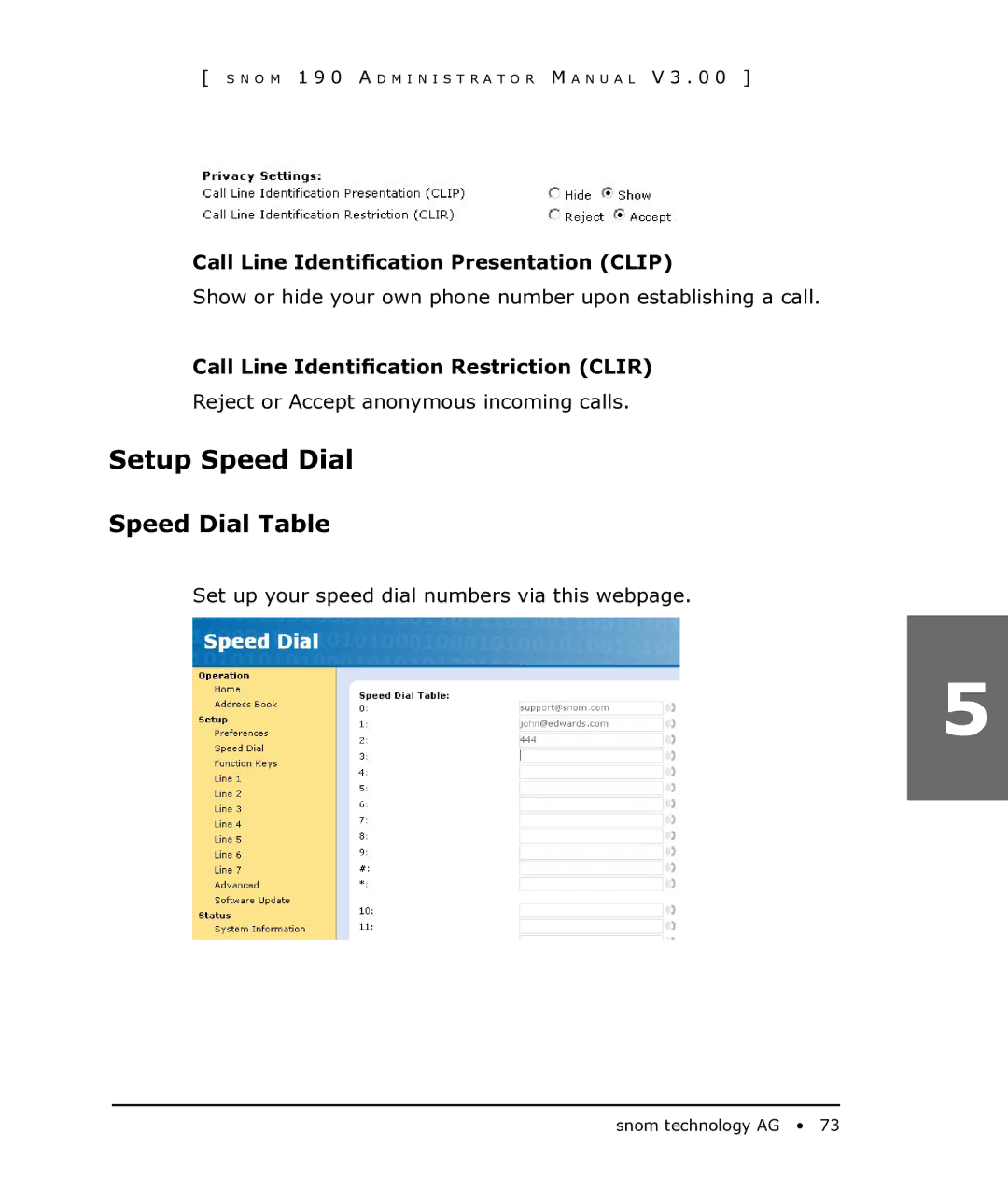 Snom 190 manual Setup Speed Dial, Speed Dial Table, Call Line Identification Presentation Clip 