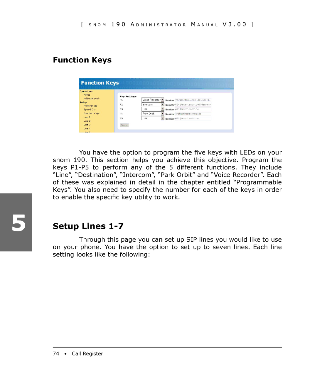 Snom 190 manual Setup Lines, Function Keys 