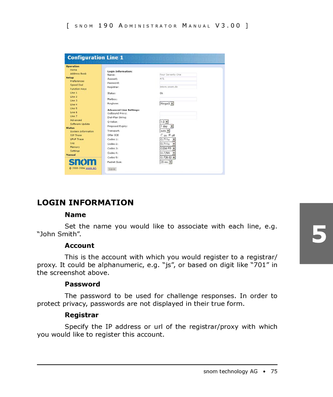 Snom 190 manual Login Information, Password, Registrar 