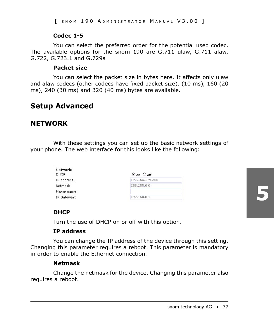 Snom 190 manual Setup Advanced, Network 