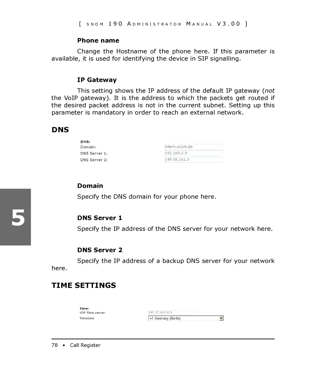 Snom 190 manual Dns, Time Settings 