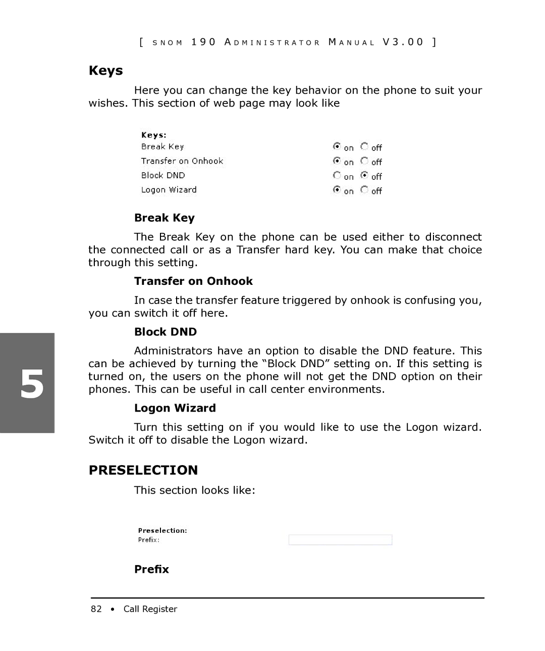 Snom 190 manual Keys, Preselection 