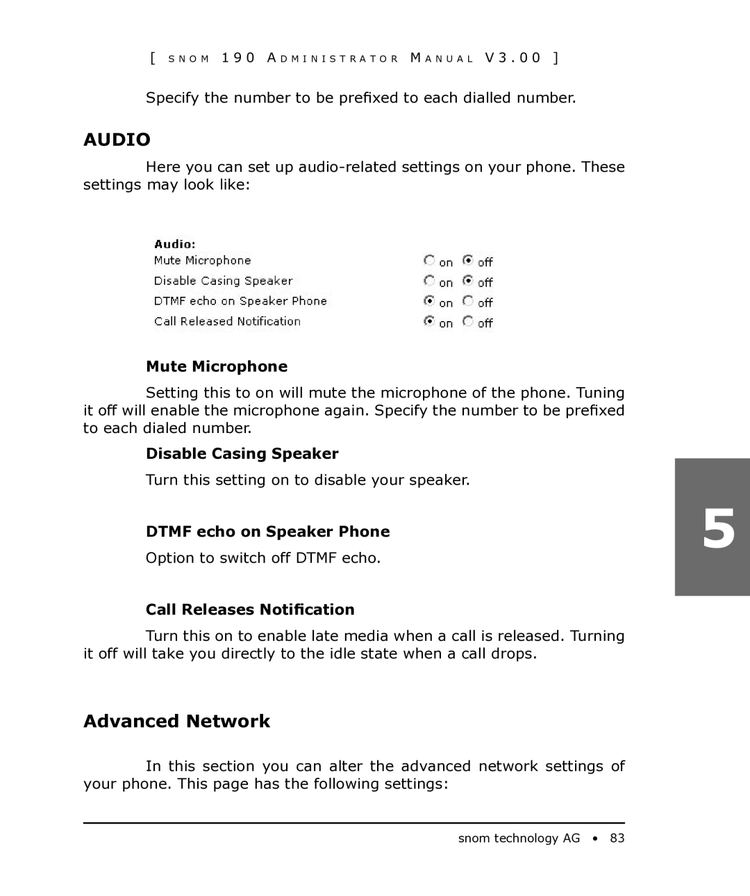 Snom 190 manual Audio, Advanced Network 