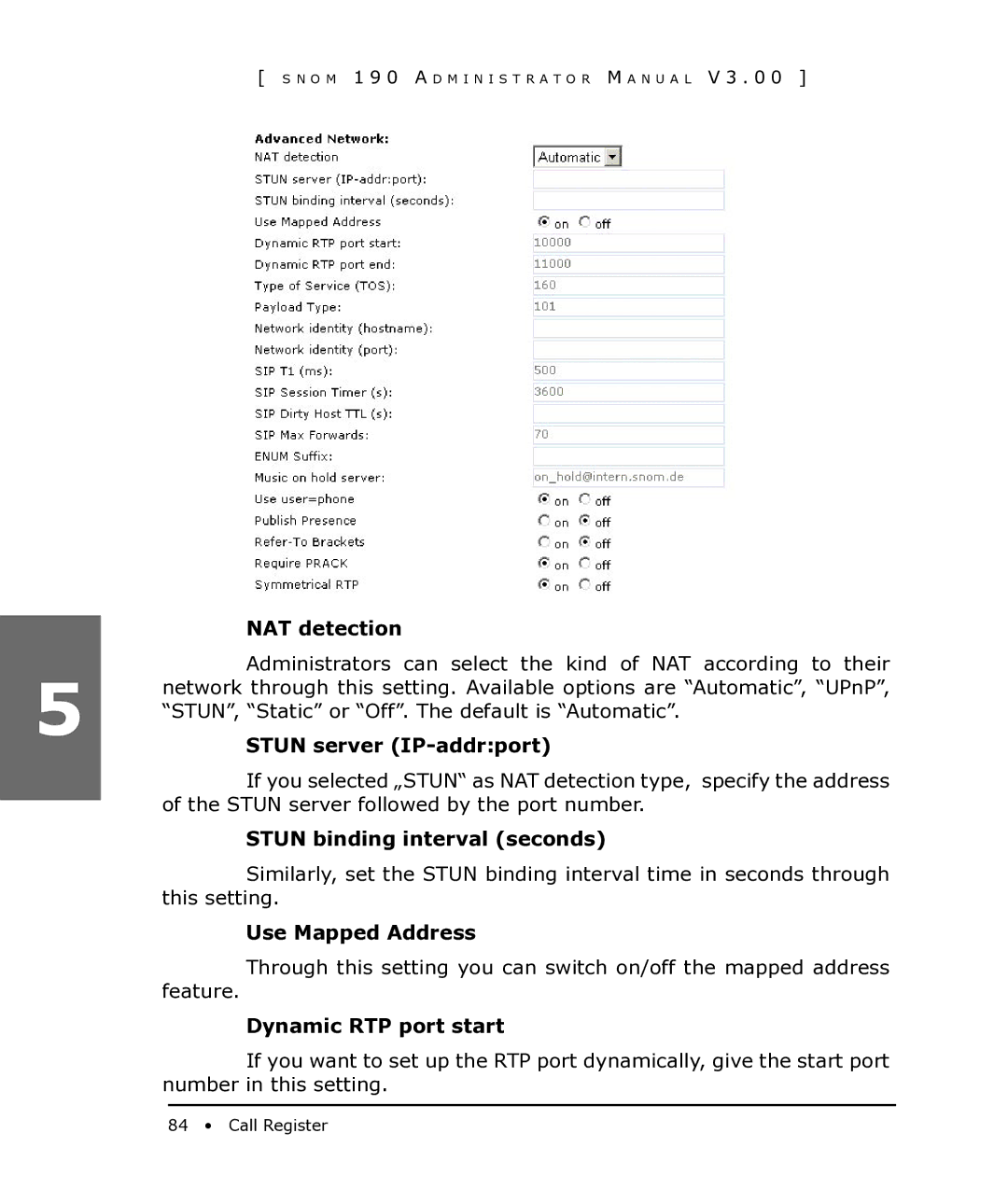 Snom 190 NAT detection, Stun server IP-addrport, Stun binding interval seconds, Use Mapped Address, Dynamic RTP port start 