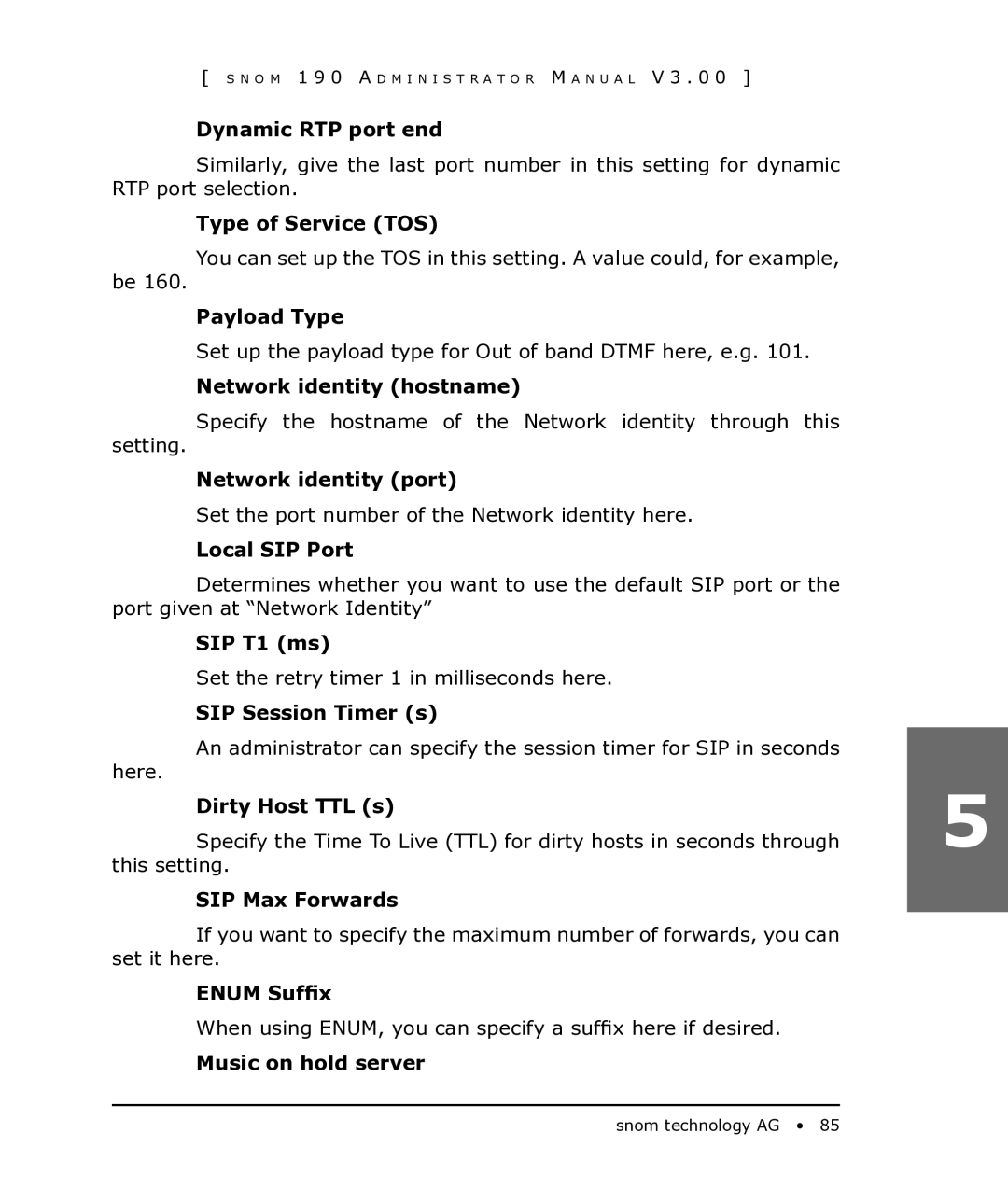 Snom 190 manual Dynamic RTP port end, Type of Service TOS, Payload Type, Network identity hostname, Network identity port 