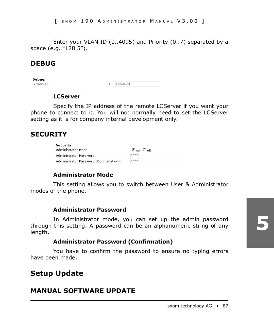 Snom 190 manual Setup Update, Debug, Security, Manual Software Update 