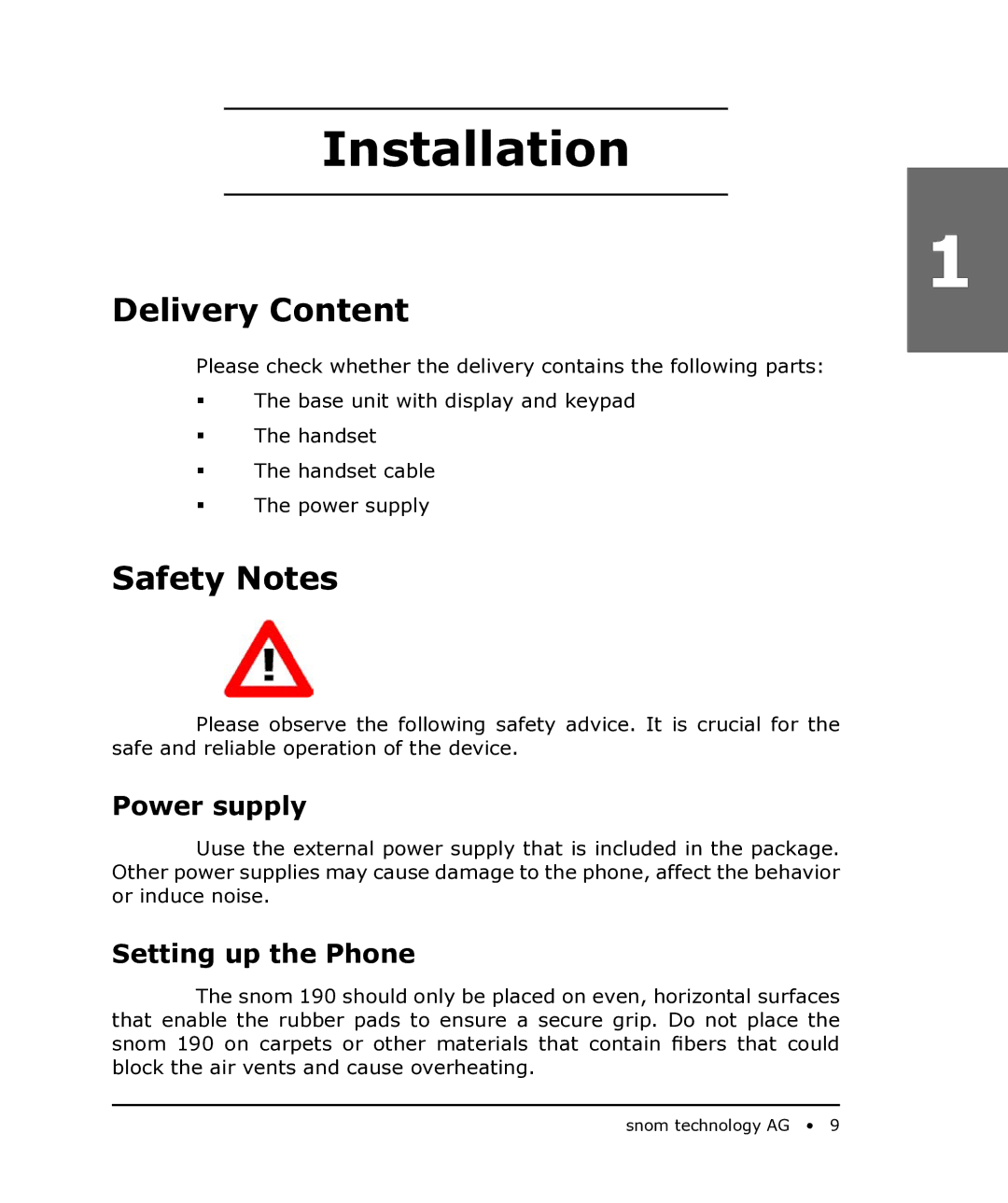 Snom 190 manual Installation, Delivery Content, Safety Notes, Power supply, Setting up the Phone 