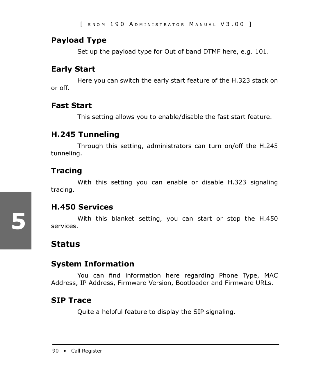 Snom 190 manual Status 