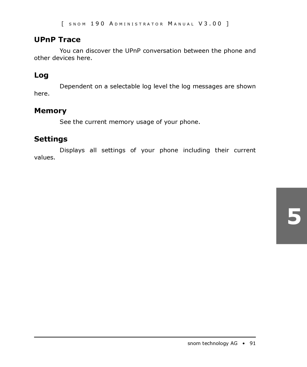 Snom 190 manual UPnP Trace, Log, Memory, Settings 