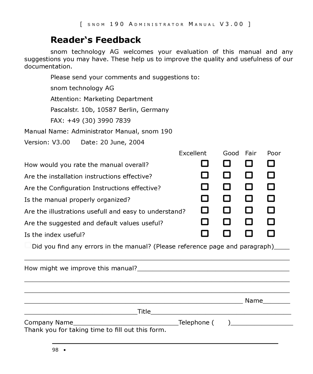 Snom 190 manual Reader‘s Feedback 