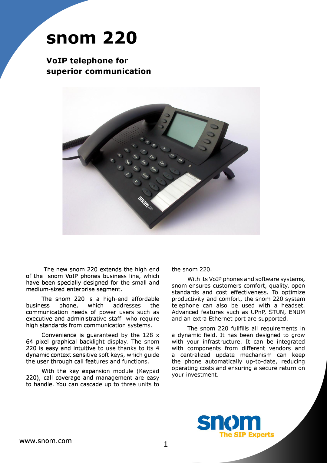 Snom 220 manual snom, VoIP telephone for superior communication 