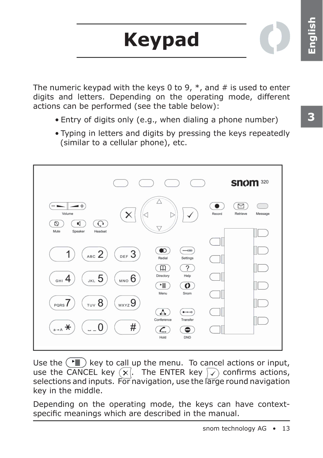 Snom 320 manual Keypad 