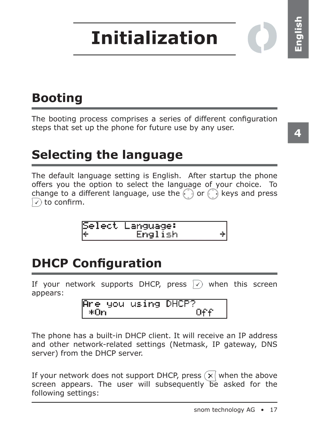 Snom 320 manual Initialization, Booting, Selecting the language, Dhcp Conﬁguration 