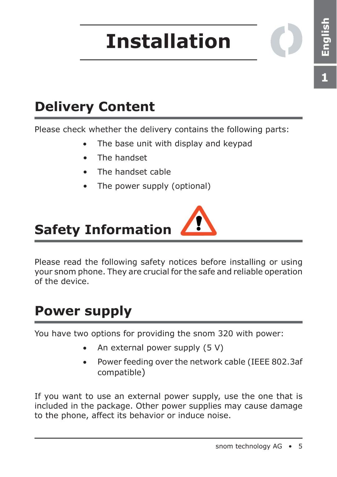 Snom 320 manual Installation, Delivery Content, Safety Information, Power supply 