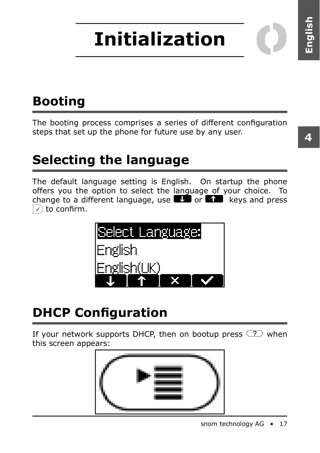 Snom 360 manual Initialization, Booting, Selecting the language, Dhcp Conﬁguration 