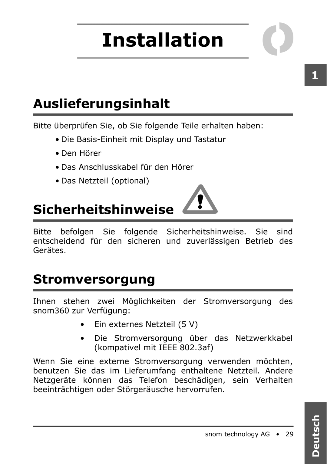 Snom 360 manual Auslieferungsinhalt, Sicherheitshinweise, Stromversorgung 