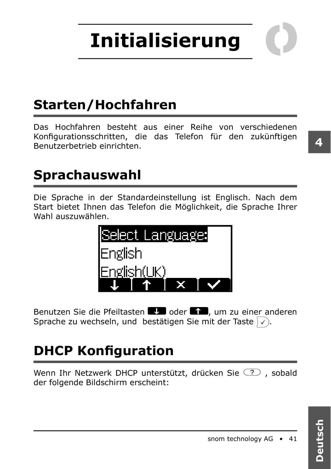 Snom 360 manual Initialisierung, Starten/Hochfahren, Sprachauswahl, Dhcp Konﬁguration 