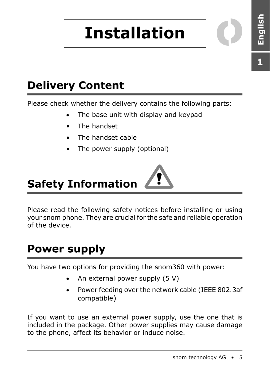 Snom 360 manual Installation, Delivery Content, Safety Information, Power supply 