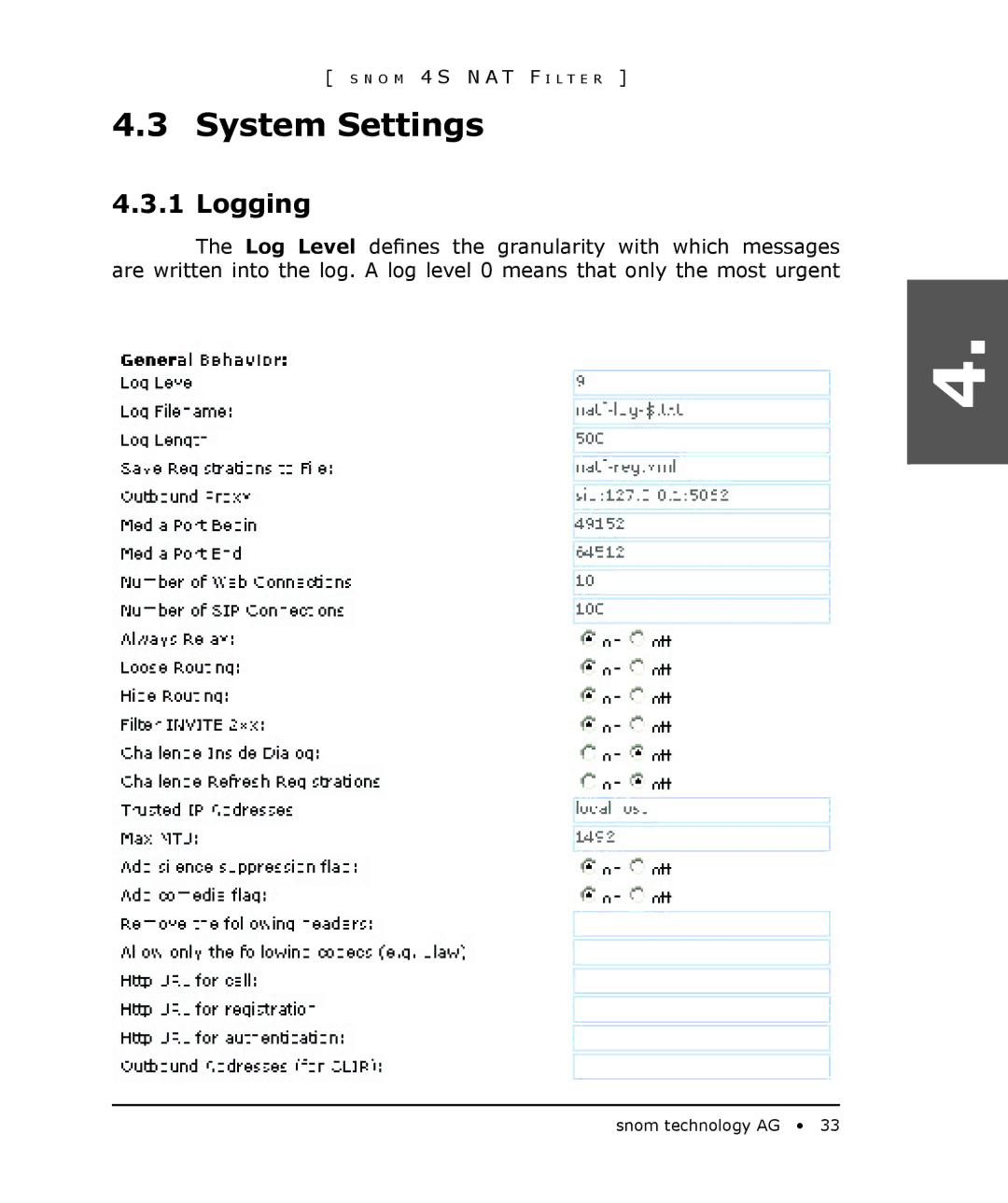 Snom 4S manual System Settings, Logging 