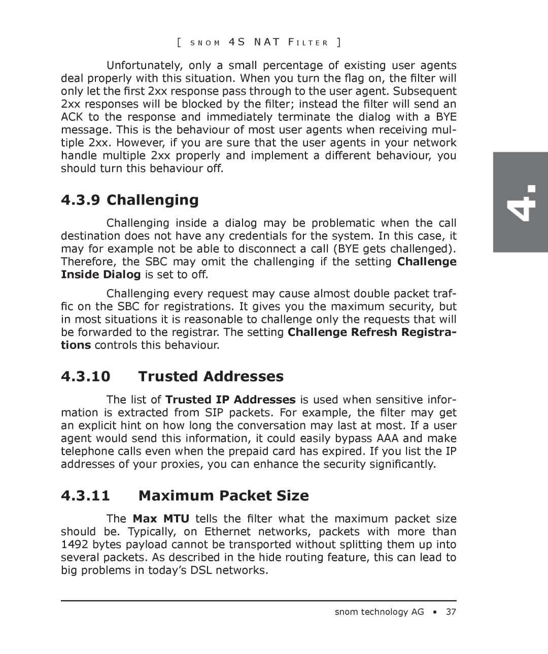 Snom 4S manual Challenging, Trusted Addresses, Maximum Packet Size 